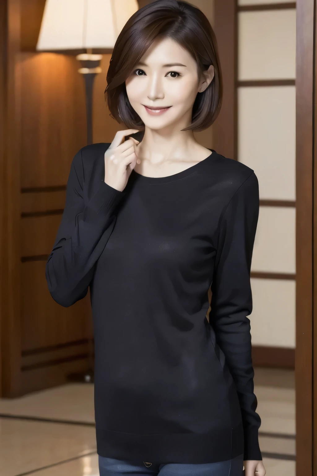 highest quality, 8k, High resolution, masterpiece, Best Photos, (Slim figure), Hourglass-shaped body shape, 1 Japanese female, Fine and beautiful eyes, Very detailed, Detailed face, In the hotel lobby, Photo from the waist up, short hair, Lightweight plain knit sweater, Small breasts, (View your viewers)