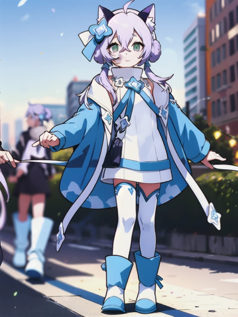 masterpiece, alone,  Outdoor,city,building,White knee socks, White turtleneck dress, Green Eyes, Purple eyes, Green Eyes, White Hair Band, Cat ear,Very long hair, Gray purple hair,hair ornaments, Chest jewels, White shoes, , Blue coat,Blue ankle garters, Blue ankle garters, White thigh-high boots, 