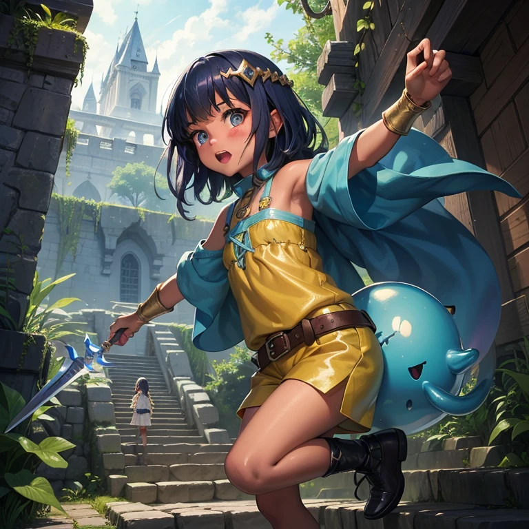 最high quality、high quality、Frugal cloth clothes、10Year-old girl adventurer、Climb the labyrinth stairs、Shorts、Equipped with a dagger and a shield、Inside the dim labyrinth、Being swallowed by slime