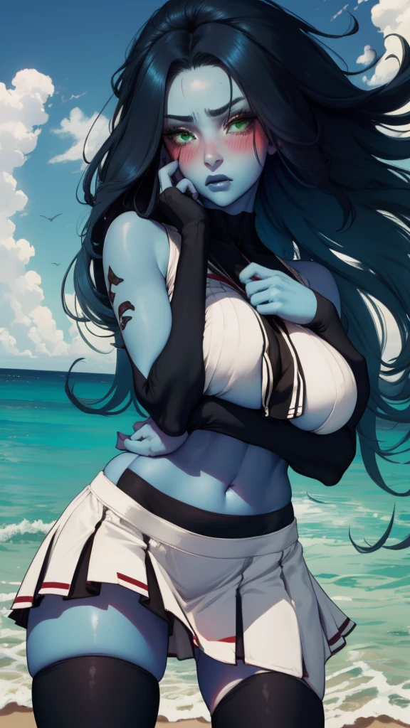 TheSpirit, floating hair ,((blue skin)),green eyes,navel, solo, beach, close up, blush, skirt, SpiScho,very Long hair, fingernails, black stockings,huge black thighhighs, (insanely detailed, beautiful detailed face, masterpiece, best quality), spread legs, hands on breast, anklets, black crop top, huge hip