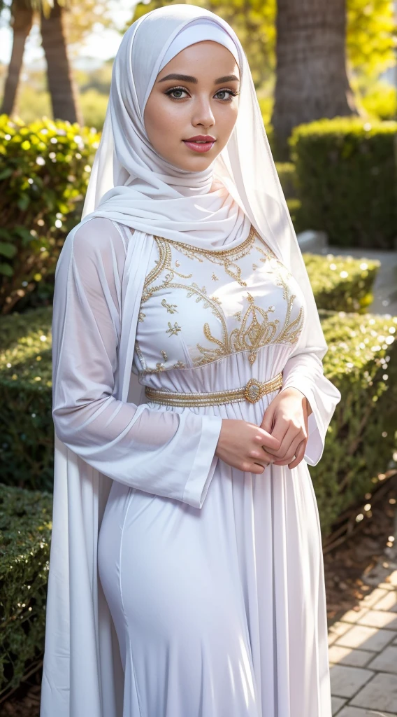 ( Close Up),RAW, Best quality, high resolution, masterpiece: 1.3), beautiful white woman in hijab,full body, Masterpiece, perfect fit body, white skin, green eyes, glowing big eyes, red lips, warm smile, pink cheeks, big breast,big gorgeous eyes, Soft smile,beutiful face,thick thighs, full body, woman in a purple hijab taking a picture of herself, long dress female, wonderful masterpiece, very beautiful islamic white style, full covered dress, detailed dress and face, somali, traditional beauty, beautiful masterpiece, very beautiful masterpiece,islamic blue dress, wearing a dress made of beads, modest flowing gown, traditional dress, great masterpiece, wearing an ornate outfit, long dress , (Delicate turtleneck) , shairband, afternoon walk, City garden, Excellent lighting, Bright colors, Clean lines,