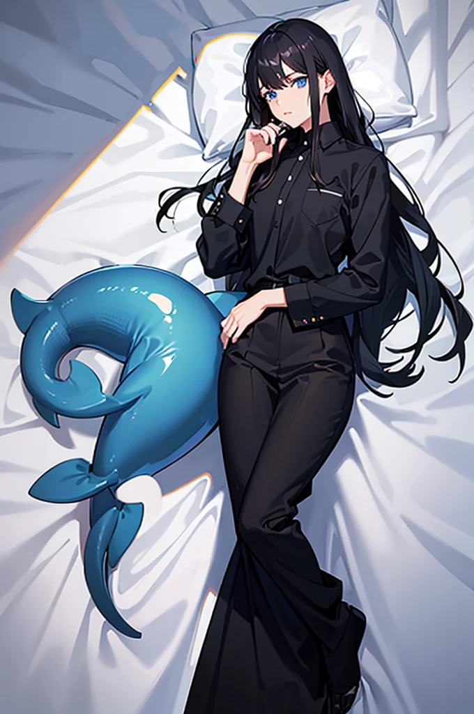 black hair, long hair, dolphin pants, dress shirt, light blue eyes, slim body, on the bed, Saxy, female