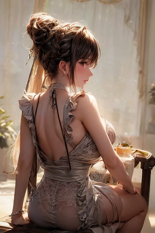 (from below:1.2),(from side:0.9), ((Face)), (Close-Up:0.4), (A masterpiece of image quality in 8K),(Beautiful Allafed Woman),(((emphasizing breasts:1.3))),(Dynamic angles),(Dynamic and sexy bending pose:1.3),(sit a chair:1.3),(Short hair in shiny silver and orange inner colors,large full breasts,Disturbance of clothing due to movement,breast slip,(Ponytail twisted buns adorned with elaborate braids and beads,Braided Setup Fishbone Hair:1.2),(see-through bangs),medium breasts,(((A brown lace apron that shows your bare skin from under your small breasts.......)))、Blush with embarrassment、Enraptured eyes、 open mouth,A smile that beguiles the viewer、(Look back:1.7)、Look into the photographer,skin glistening with sweat,gazing at viewer,,(Professional Lighting),(masutepiece,top-quality,Ultra-high resolution output image,),(Ultra HD with complex detail image modes),depth of fields,Beautiful hands,Beautiful fingers,Detailed finger features,(Detailed hair features:1.7),detailed facial features,detailed clothes features,