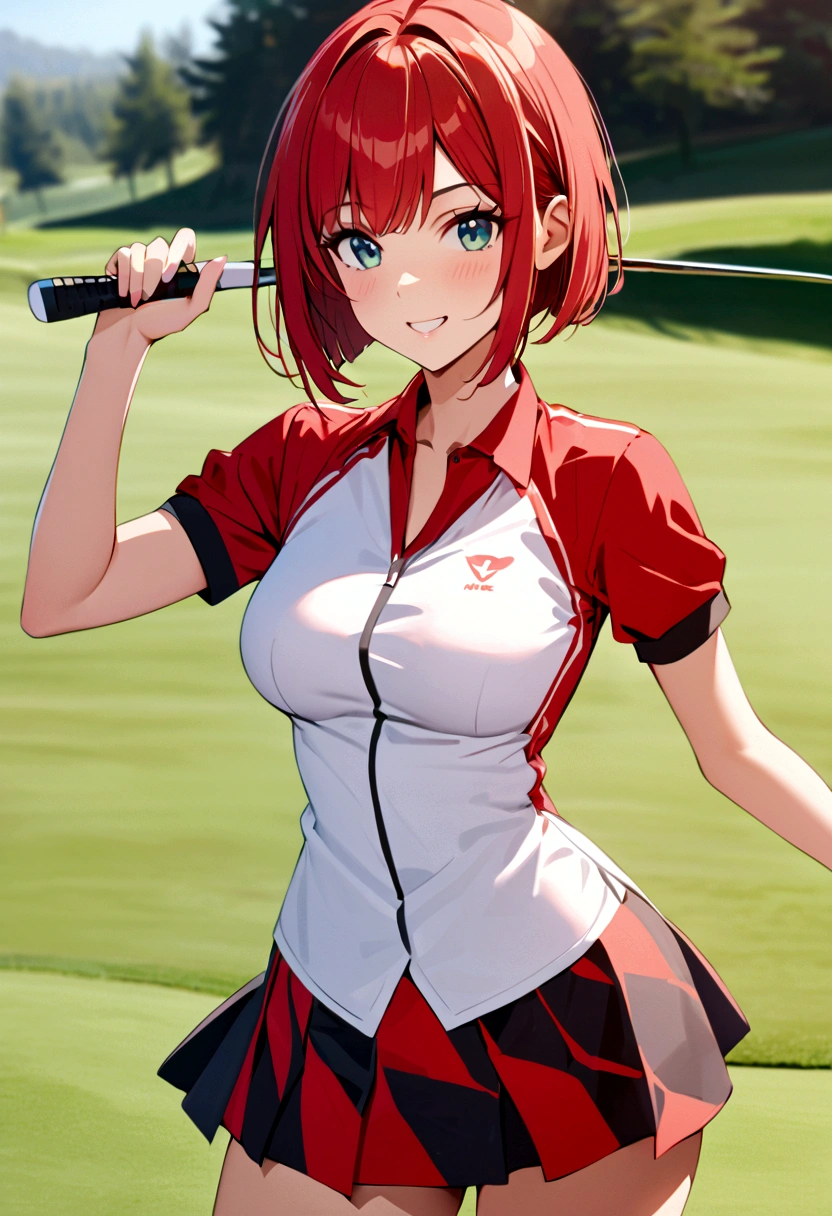 sound high resolution 8k beauty Woman playing golf Golf course Beautiful woman Bobcut Red hair Golf Wear mini skirt smile looking at the camera nice shot