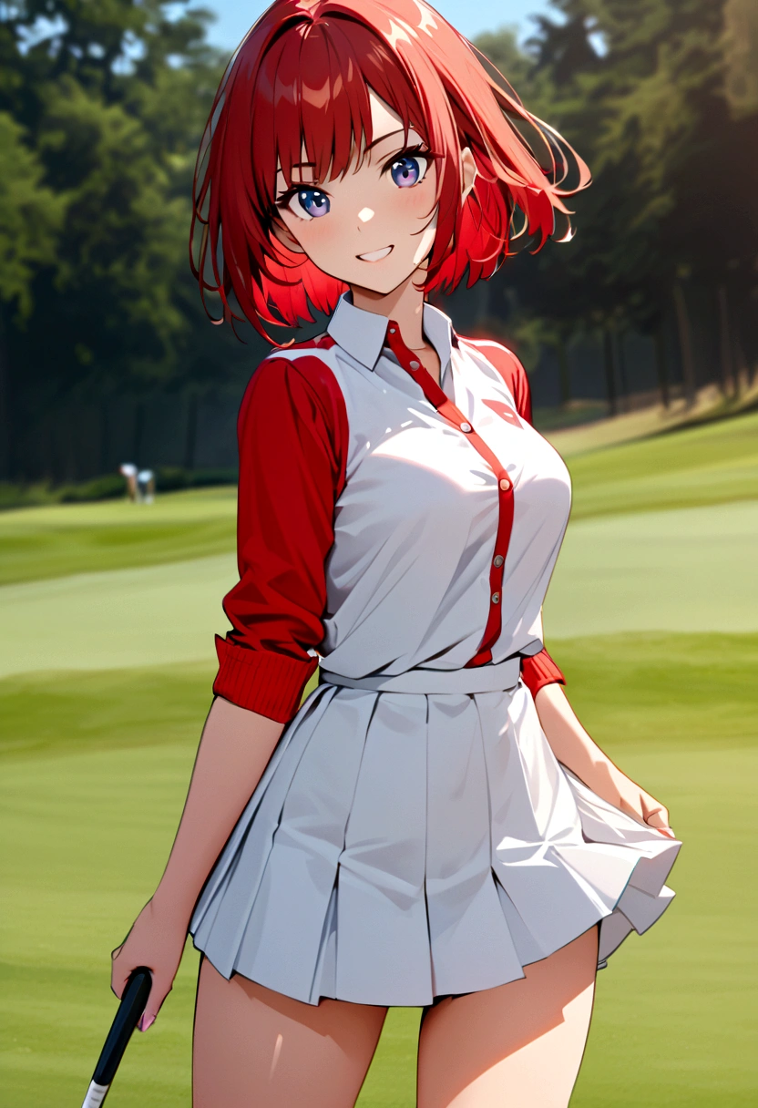 sound　high resolution　8k beauty　Woman playing golf　Golf course　Beautiful woman　Bobcut　Red hair　　Golf Wear　mini skirt　smile　　looking at the camera　nice shot