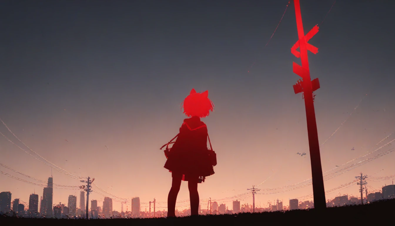 (styled by Ashley Wood:1.3),(in the style of Takeshi Obata:0.9), black and white city skyline background,protruding power poles,(a red silhouette of a young girl:1.6),minimalist silhouette,red silhouette,Black and white background,wide_shot,silhouette of a teenage girl on a telephone pole,