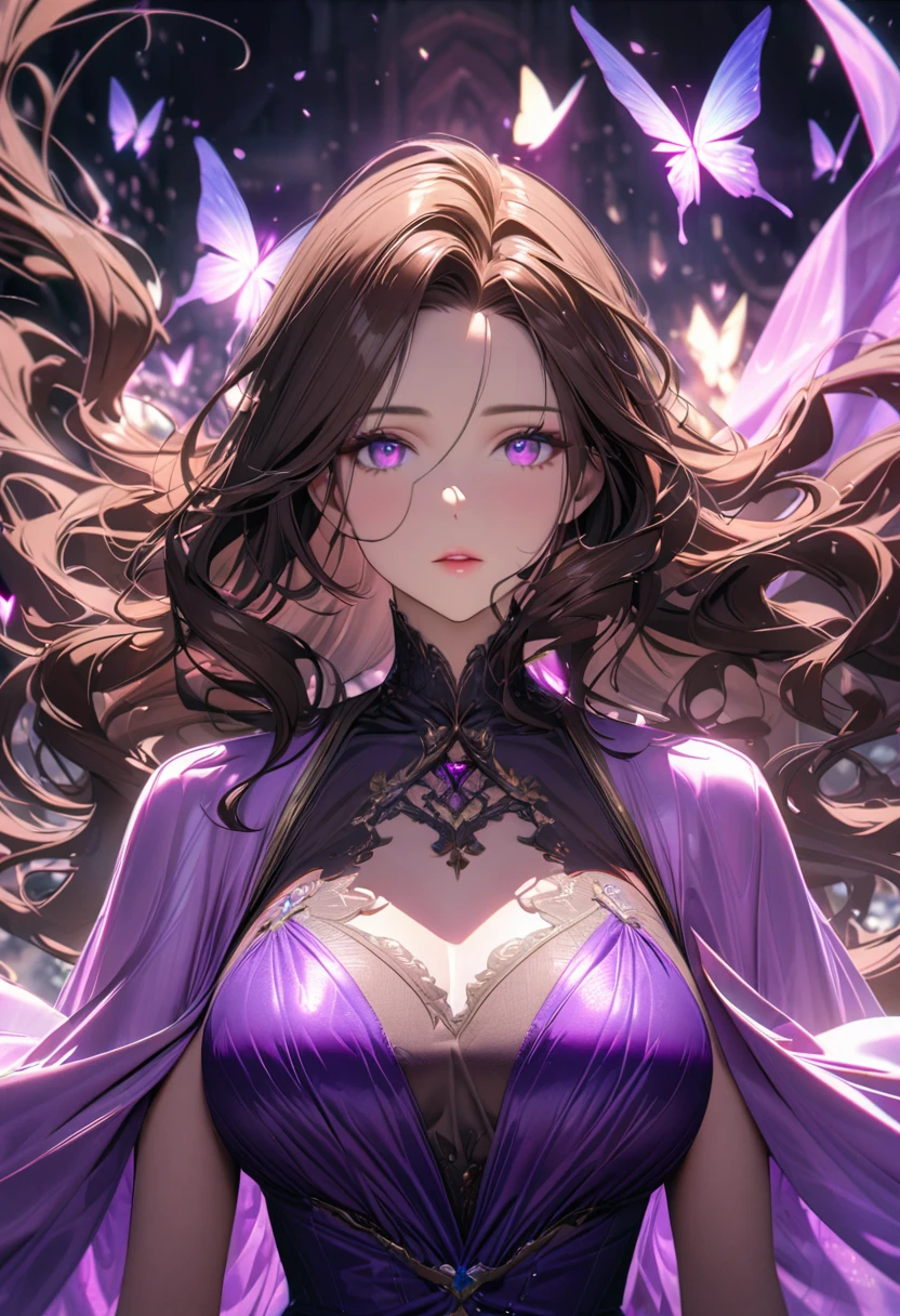 girl, brown hair, wavy hair, long hair, glowing purple eyes, magical silk fabric, mature, beautiful dress, main face, front face, silk fabric blowing in the wind, gorgeous, beautiful background, super detail, 8K, beautiful color, mature woman, glowing butterfly