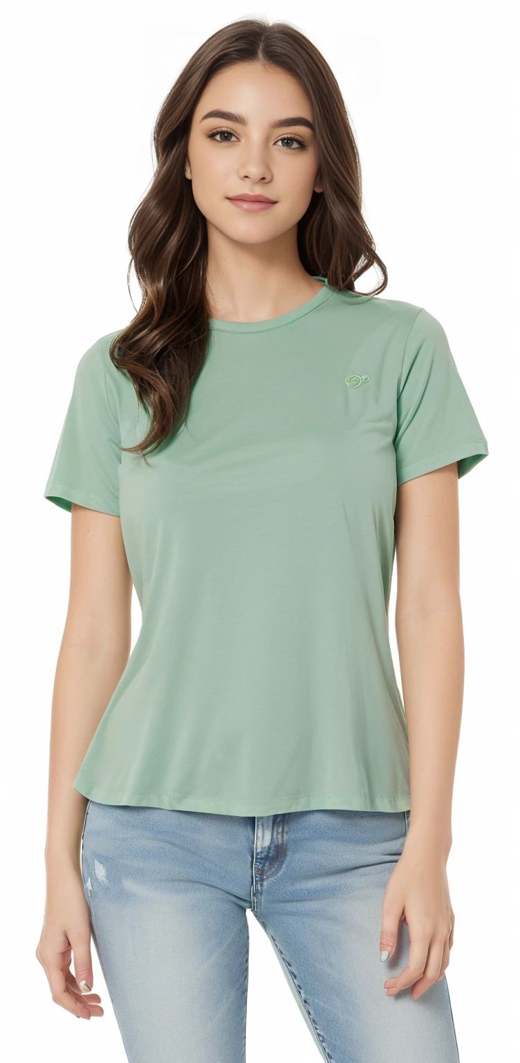 uma mulher vestindo uma camiseta verde e jeans, espuma do mar verde, sage green, Manga curta, casual roupas verdes, camisa verde, Verde floresta, roupas verdes, verde silenciado, verde oliva, velvia, verde pastel, prana, foto do produto, espuma cintilante, Zellk, Roupas casuais modernas, Jade verde, Retrato frontal, luz verde
