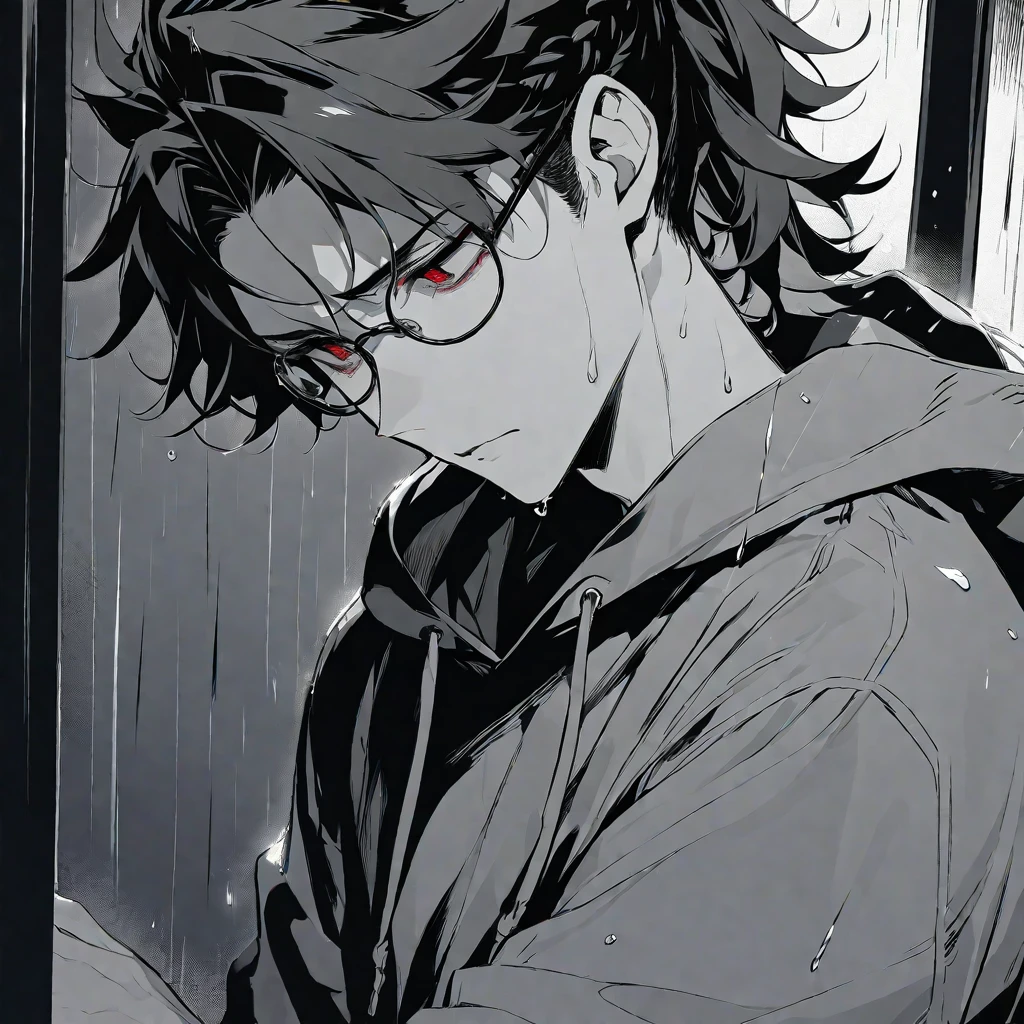 solo, handsome,Monochrome,
1 male,
Ponytail, Braided black hair,
red eyes, Gojo Satoru,casual, black hoodie,
monotone,cool,Sadness,Feelings of emptiness,Emptiness,Round Glasses,Put on the hood,rain,
black background,Look down