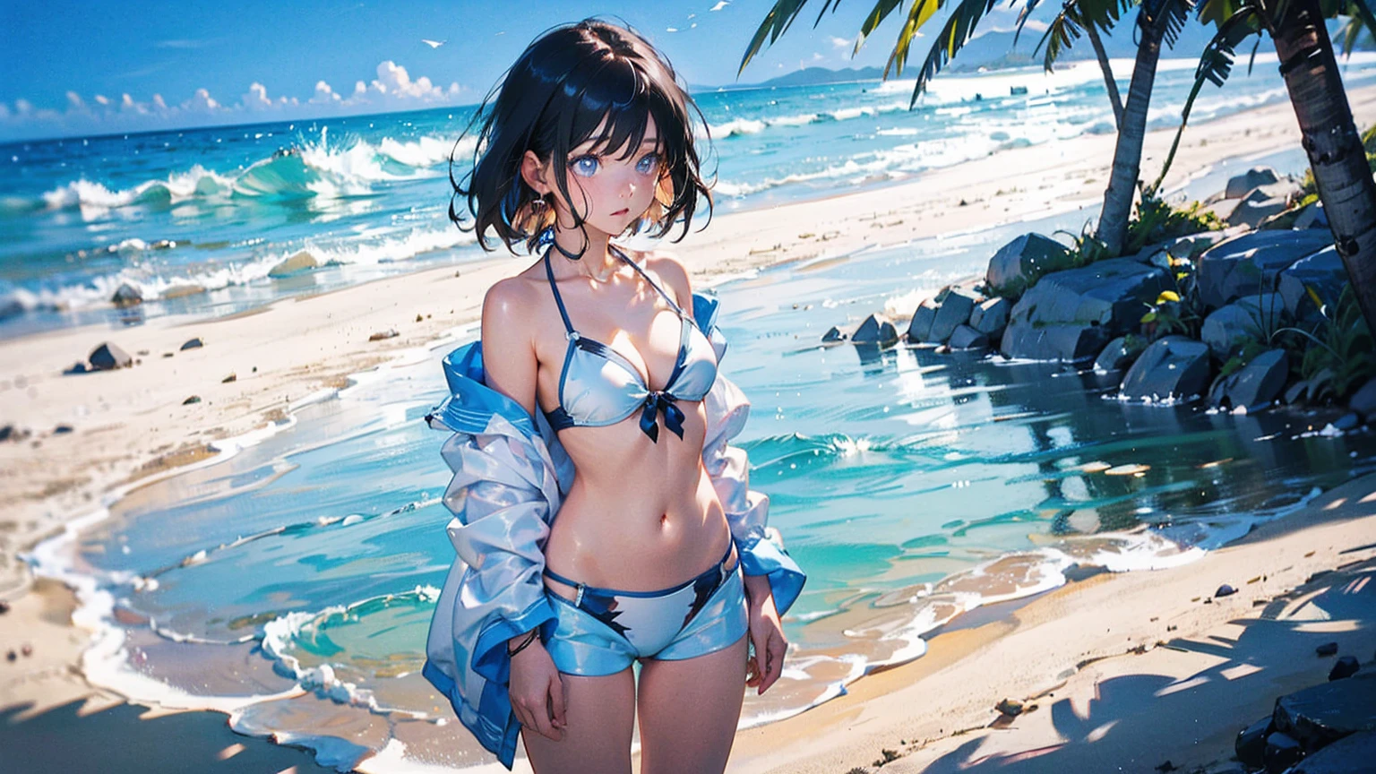 White off-the-shoulder bikini on the beach in Palau(Bikini without shoulder straps、No shoulder strap、Show me your shoulders)Surreal Japanese Portraits,Antonio Lopez's influences'technology, Close zipper, Ron Mueck, Richard Estes, Marilyn Minter、Purple and blue gradation eyes enveloped in the mystery of the universe,(String Bikini:1.2)、Perfect lighting, (Perfect hands, Perfect Anatomy)、whole body(1:2)、that'the wind is strong、Excellent style,Complete body balance、Dynamic Acid Pose(1:2)、(16:Specializing in aspect ratio 9)