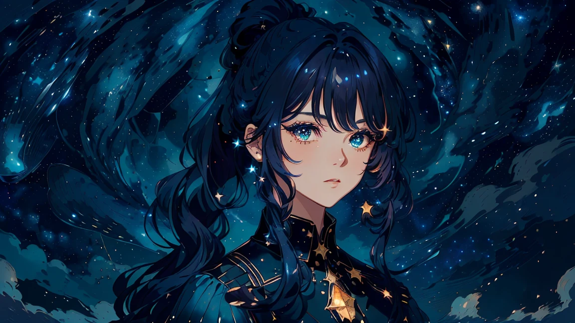 ((masterpiece)), (((best quality))), ((Ultra Detailed)), ((illustration)),[Realistic lighting effects], Eyeshadow,(Fantasy style),(Starry Sky:1.6), Dark background, illustration, 1 girl, Scorpio，cunning look, Magnificent views (Multi-colored hair, hair gradient, Hair color changed from blue to peach, no bangs, Curls on cheeks, hairstyle: High Ponytail, Long Tail), eyes are scarlet,Scorpion， Environmental change scenarios, (The hair is surrounded by the bursts of the galaxy),))):((Her hair turned into a galaxy cloud,:1.27628), The moon at night, Star, big eyes, eyelash, side view, crystal hair, Shiny hair, Collared shirt, galaxy, additional lighting