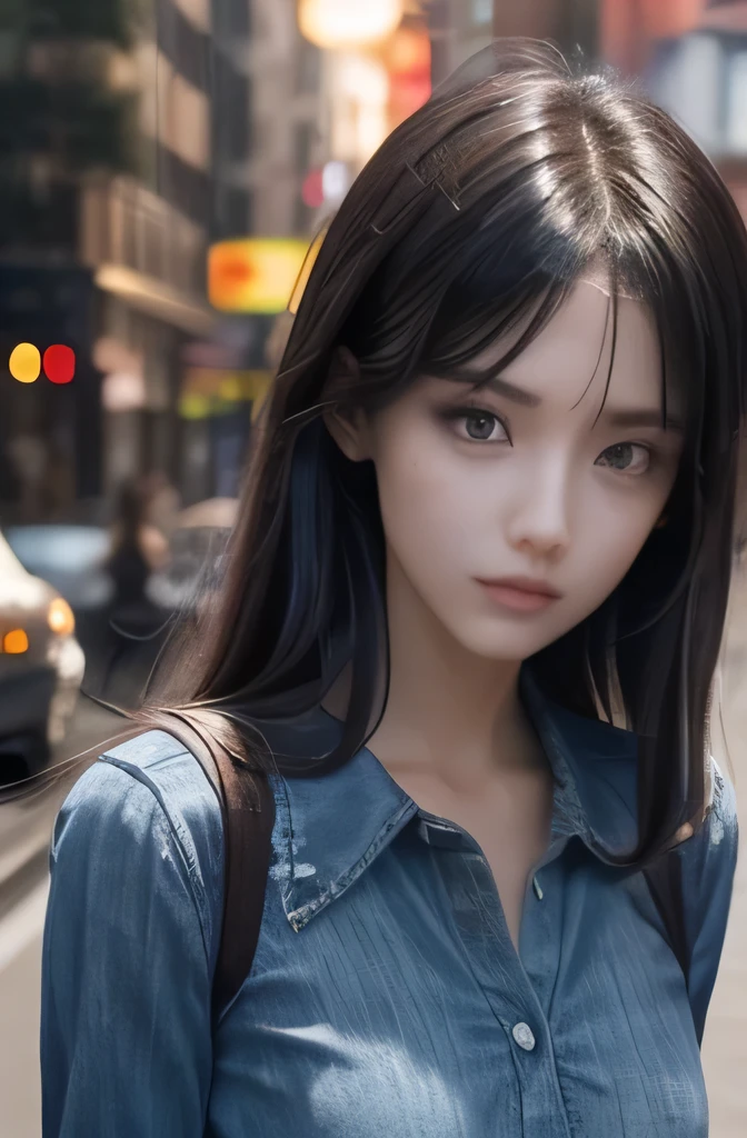 (((best quality))),1 female,slender face,Black Hair,Brown Eyes,medium hair,straight hair,looking at viewer,small breasts,25 years old,No pubic hair,Height: 165cm,City of night,Night Dweller,Damaged denim miniskirt,(((Cool Beauty)))