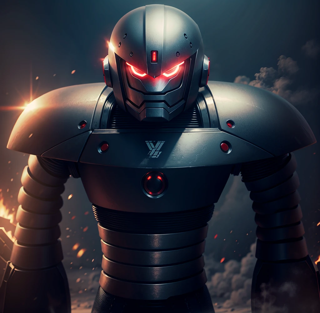 Round armor, robot, cyber, high quality, black iron body, red eyes, battlefield in the background,