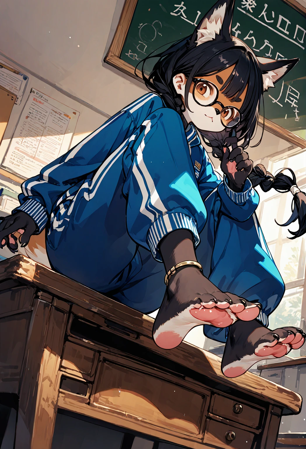 score_9, score_8_up, score_7_up, score_6_up,score_5_up, source_anime, source_furry, anthro, furry hadrian, solo, black hair,baggy blue and white track suit,baggy blue and white track pants,glasses,black hair,low twin braids, ,desk,sitting on desk,foot up,barefoot,soles,foot focus, furry female, anthro fox, paw_sloe,sharp_toenails, pawpads, from below,anklet,bare legs,chalkboard,