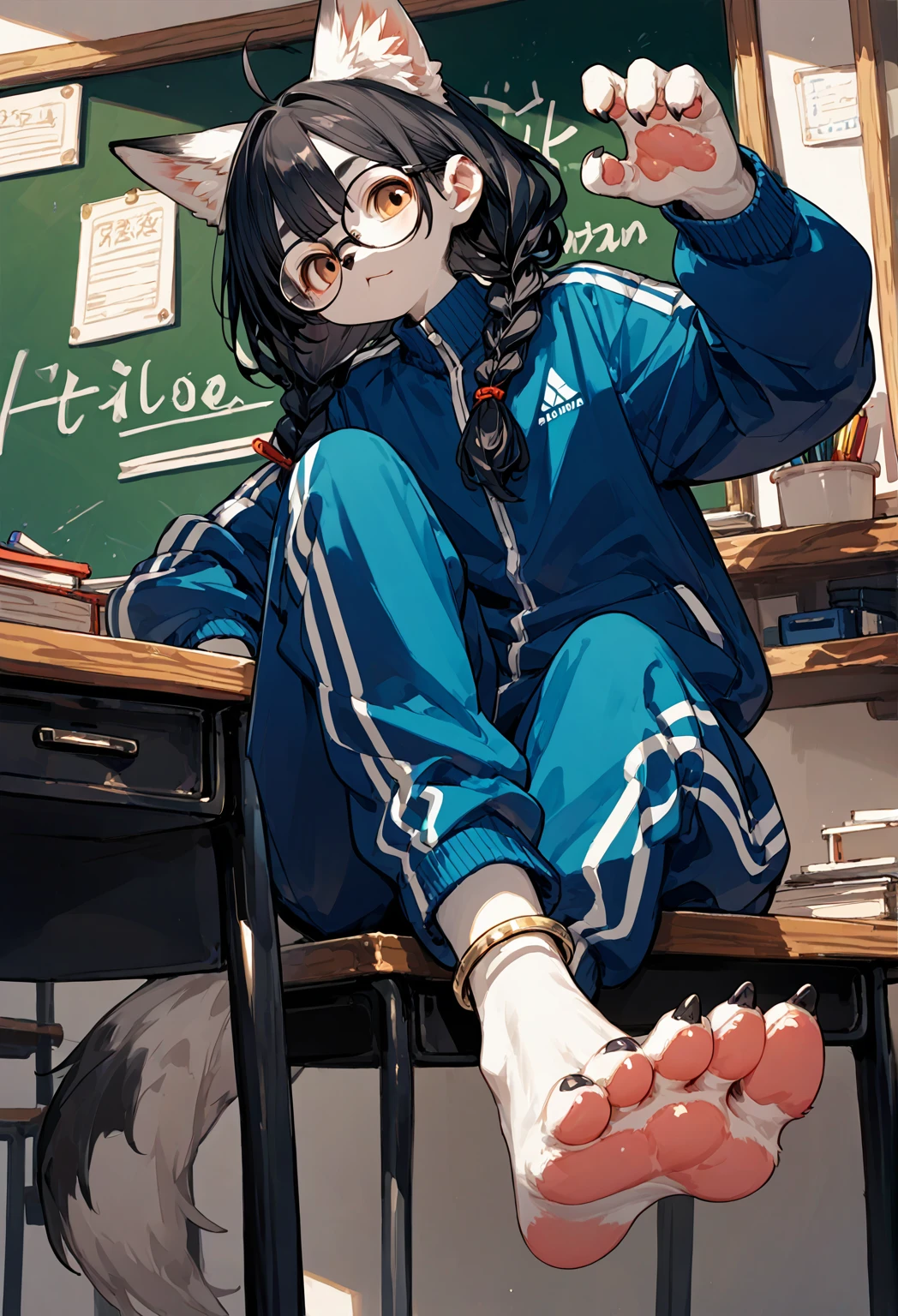 score_9, score_8_up, score_7_up, score_6_up,score_5_up, source_anime, source_furry, anthro, furry hadrian, solo, black hair,baggy blue and white track suit,baggy blue and white track pants,glasses,black hair,low twin braids, ,desk,sitting on desk,foot up,barefoot,soles,foot focus, furry female, anthro fox, paw_sloe,sharp_toenails, pawpads, from below,anklet,bare legs,chalkboard,