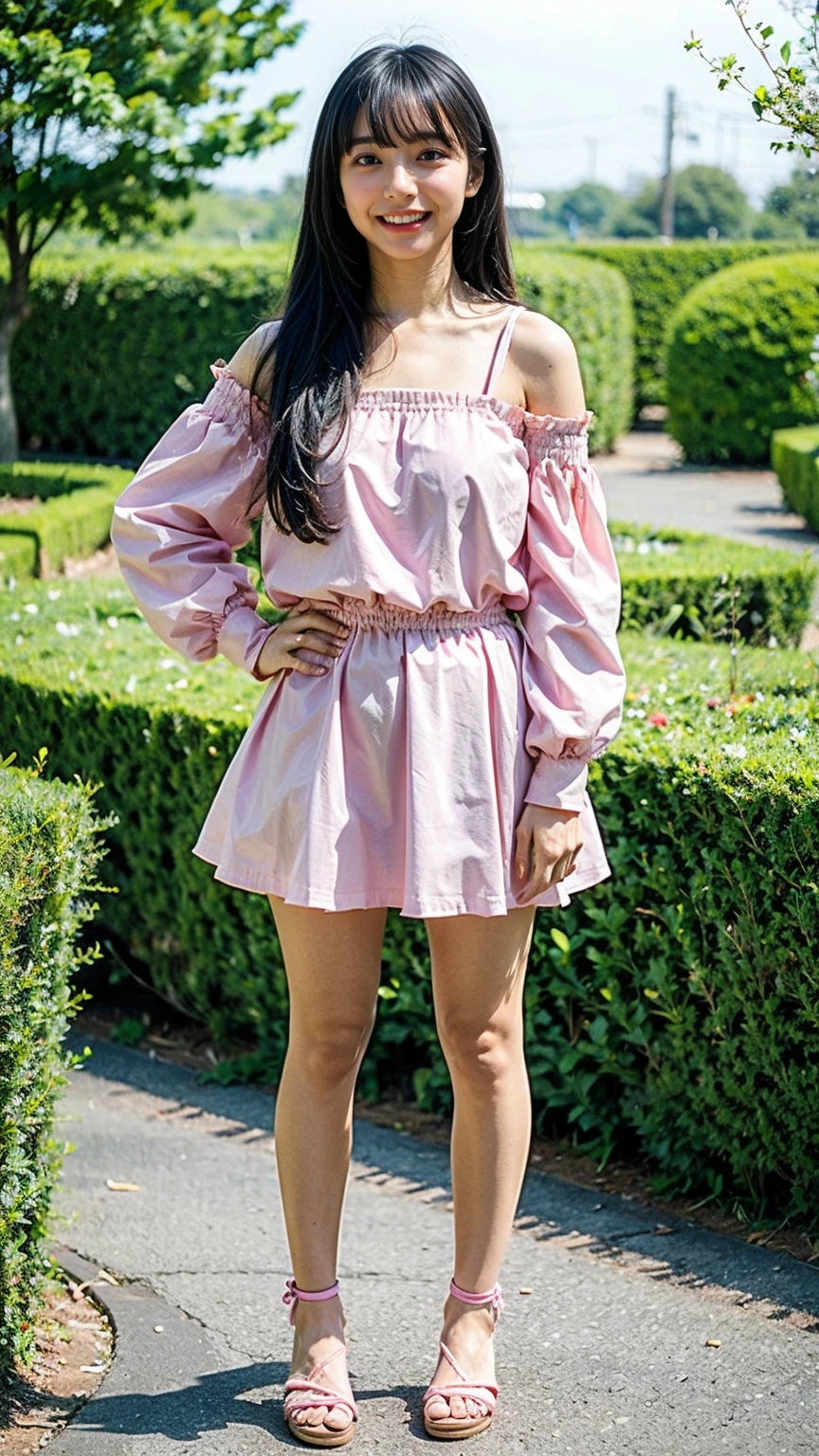 (8k、RAW Photos、highest quality、masterpiece:1.2)、(Realistic、Realistic)、1 girl、((Pink Mini Skirt、Off the shoulder、See through、Long Hair、Frills、smile、Big Breasts、Sandals、whole body、garden、View from the front、Looking into the camera、Stand with hands on hips))、