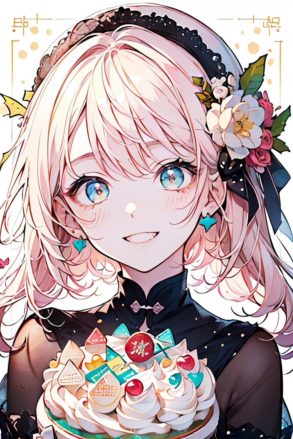 (Happybirthday),((🎂)),((trio:1.3)),((big love:1.3)),((A festive and lively background:1.2)),(Pop and cute polka dots:1.45)),((You are the main character！:1.2)),((beautiful image:1.15)),((high quality:1.15)),((perfect graphic:1.15)),(((girl、Lady:1.2))),A big smile,(blush、Shy laugh:1.25),(white、pink、cream、black、yellow)