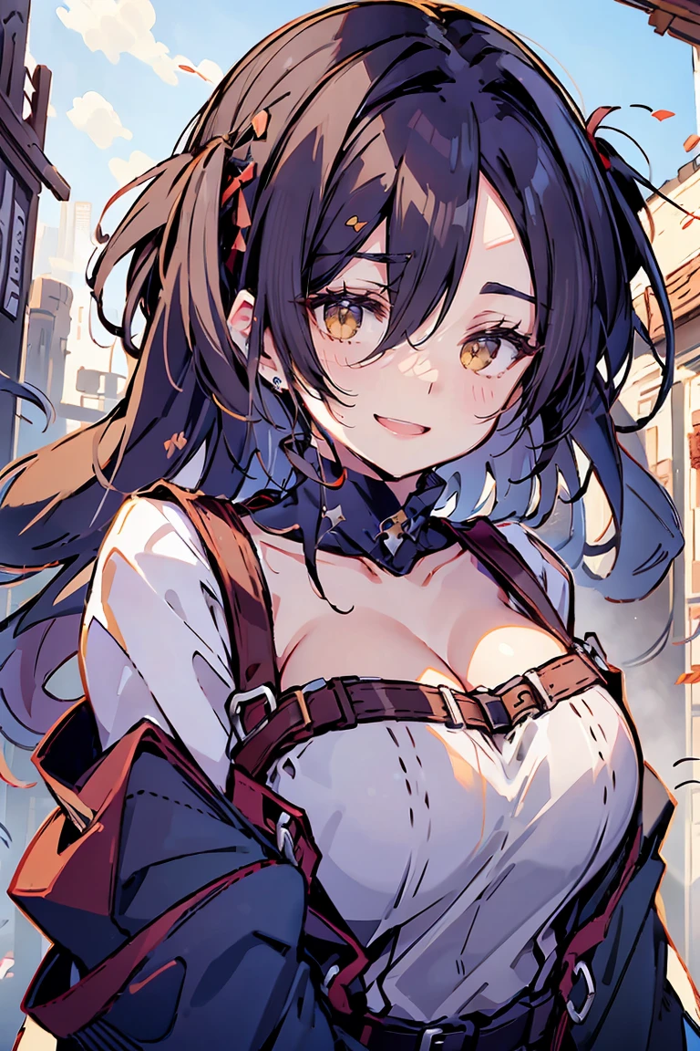 (masterpiece:1.2), (high quality:1.2), (hui xiyi:0.7), rekkyo sensen, rekkyou sensen, girls with((black hair, (tits cleavage:1.1), (waving is hands:1.2), (breasts close up:1.2), (suspenders:1.2), (dress:0.65), (blue clothes:1.2), (belts:0.7), (frills shirt:1.1), (white knit sweater:1.2), camisole, exposed breasts, straps, ribbon, upper body, (long wavy hair:1.2), (one side up:1.2), nun, long sleeves, (perfect hands, perfect fingers:1))), background with((fantasy world, ruin, castle, beautiful sky, shining sky, sunshine))