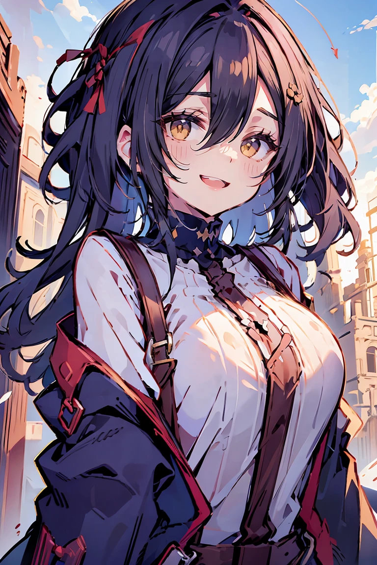 (masterpiece:1.2), (high quality:1.2), (hui xiyi:0.7), rekkyo sensen, rekkyou sensen, girls with((black hair, (tits cleavage:1.1), (waving is hands:1.2), (breasts close up:1.2), (suspenders:1.2), (dress:0.65), (blue clothes:1.2), (belts:0.7), (frills shirt:1.1), (white knit sweater:1.2), camisole, exposed breasts, straps, ribbon, upper body, (long wavy hair:1.2), (one side up:1.2), nun, long sleeves, (perfect hands, perfect fingers:1))), background with((fantasy world, ruin, castle, beautiful sky, shining sky, sunshine))