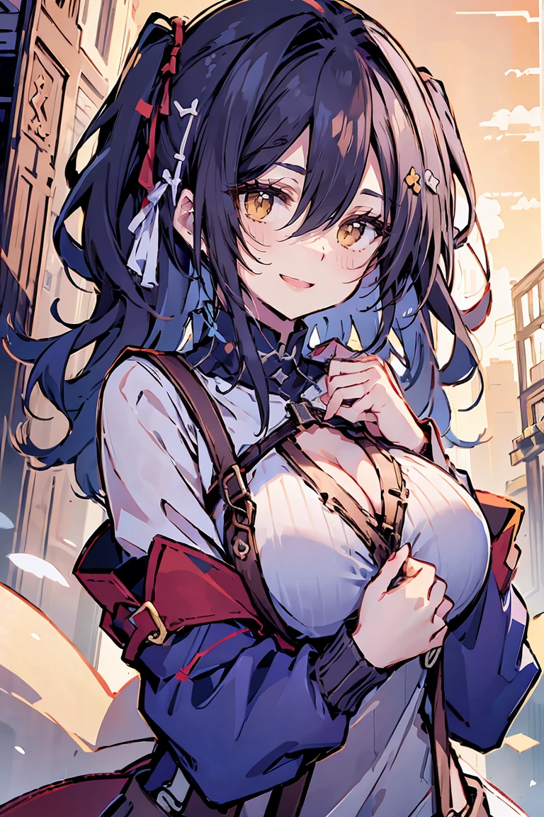 (masterpiece:1.2), (high quality:1.2), (hui xiyi:0.7), rekkyo sensen, rekkyou sensen, girls with((black hair, (tits cleavage:1.1), (waving is hands:1.2), (breasts close up:1.2), (suspenders:1.2), (dress:0.65), (blue clothes:1.2), (belts:0.7), (frills shirt:1.1), (white knit sweater:1.2), camisole, exposed breasts, straps, ribbon, upper body, (long wavy hair:1.2), (one side up:1.2), nun, long sleeves, (perfect hands, perfect fingers:1))), background with((fantasy world, ruin, castle, beautiful sky, shining sky, sunshine))
