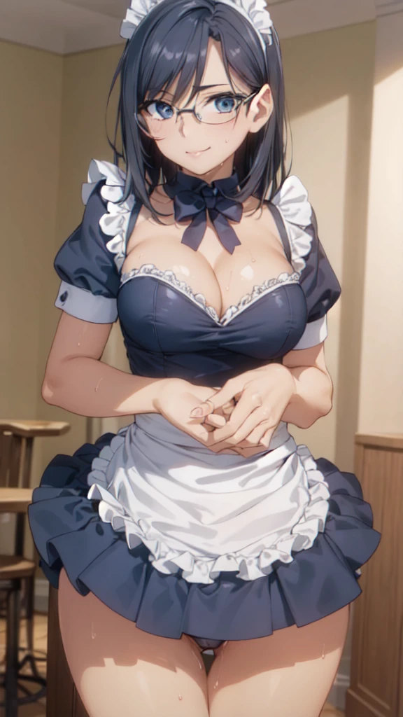 One girl,18-year-old,(Perfect hands:1.3), Perfect Fingers,Perfect Anatomy, (masterpiece), highest quality,Realistic, hyperRealistic, 16K HDR,, morning, short hair,(Beautiful female hands), Black Hair, blue eyes, Glasses,gl is es, ,Cafe,Are standing,(Sweat:1.3),(Smile:1.2),Big Breasts,Cleavage,(skirt lift up by self:1.5),(Showing panties),(Sexy maid outfit,Headdress:1.2),Ultra mini skirt,Sexy maid outfit,