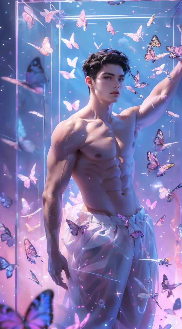 (8K, RAW photos, Highest quality) masterpiece, 1 boy, 18 years old, spoiled pose, Asian muscular man Look at the audience, standing, showing his big muscular breasts, puffy nipples, sexy six pack, narrow waist, Handsome,  Topless, Thick body hair, man wearing blue g-string underwear, butterflies on his body, butterflies flying in the air, gradient background, Glitter & Sequin Background, cinematic lighting, UHD