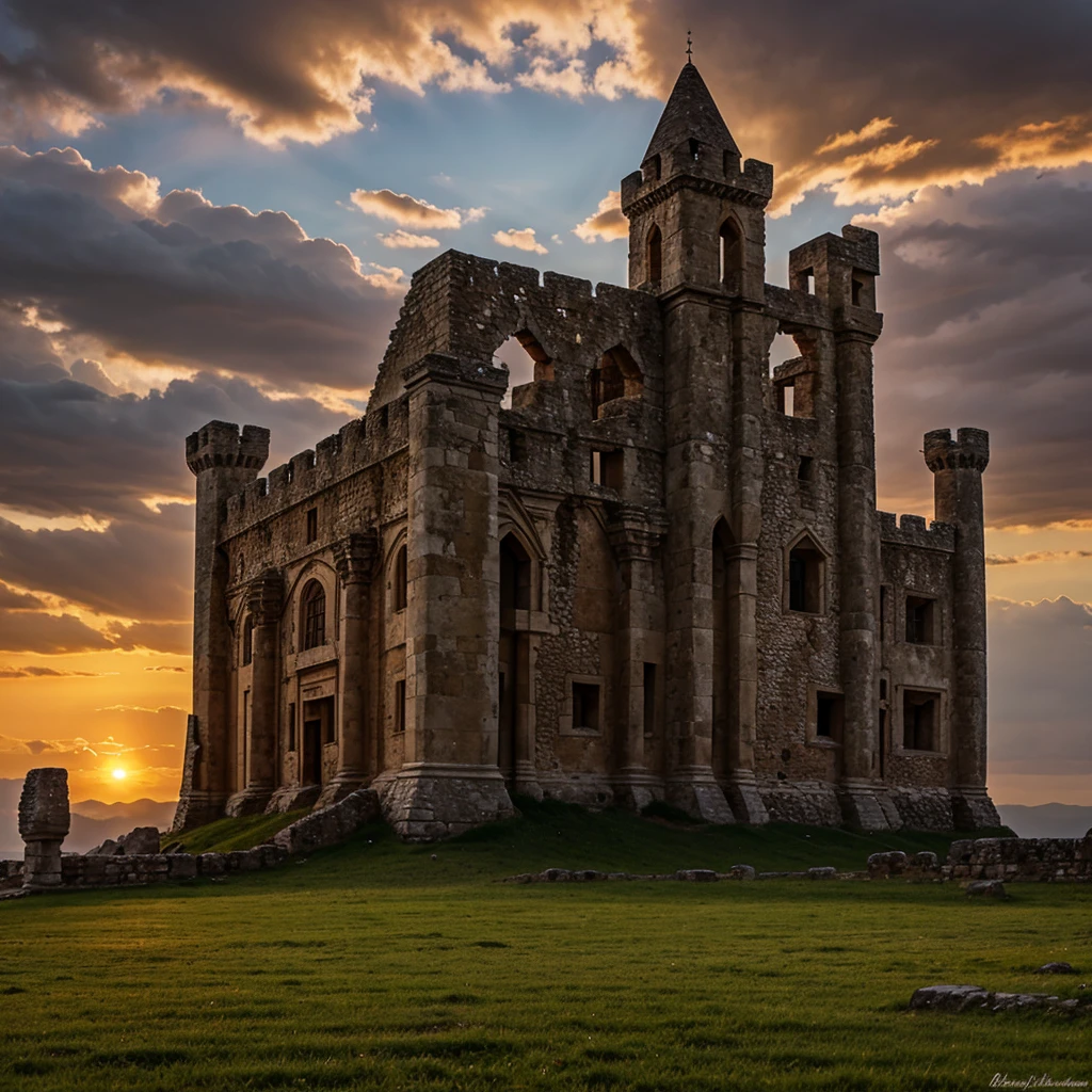 ancient castle in Gothic style against the backdrop of sunset