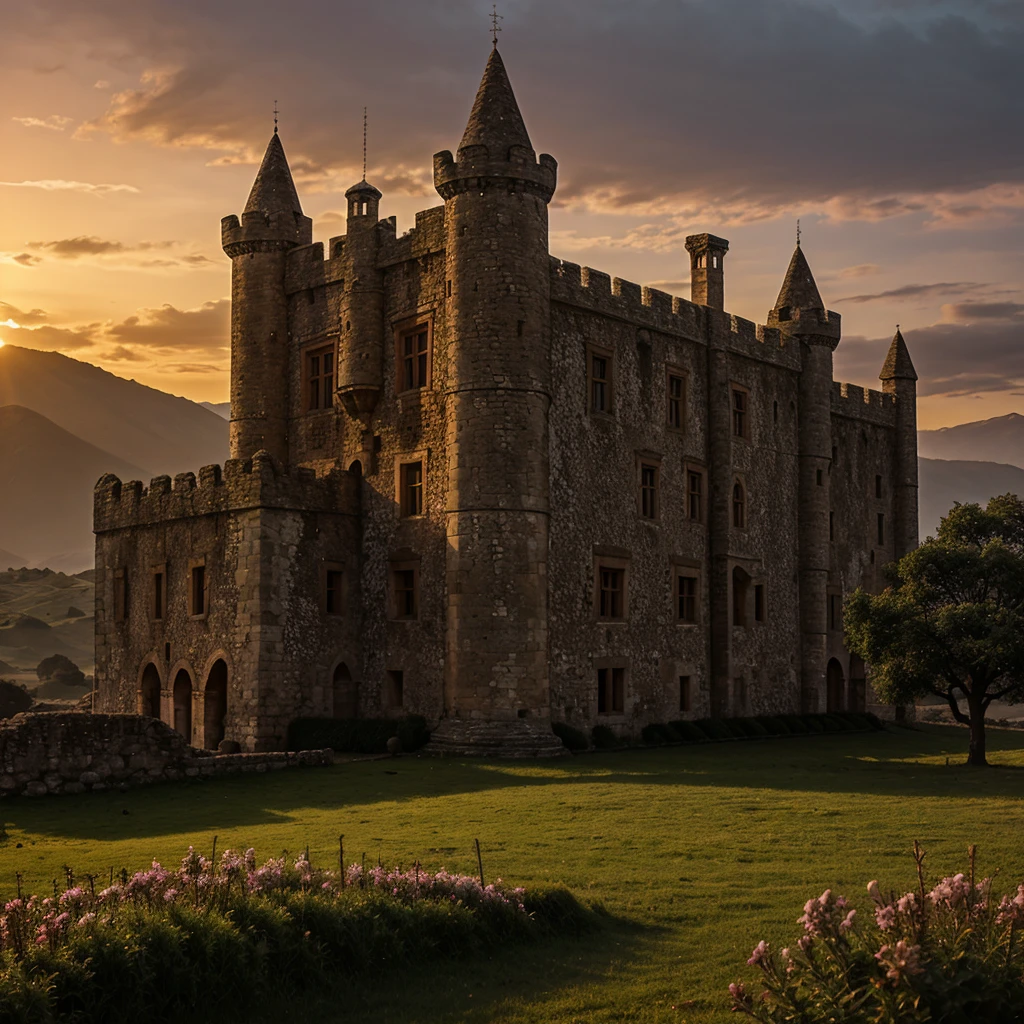 ancient castle in Gothic style against the backdrop of sunset