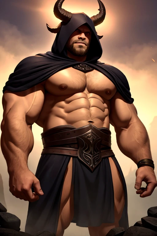 Big muscular man, two big horns cut and filed, dark breastplate, foggy hood,