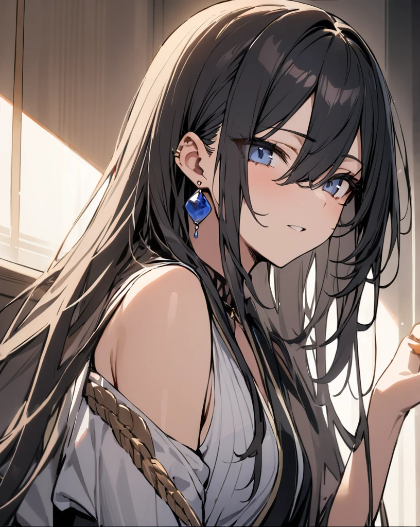 masterpiece, best quality, long hair, earrings, Bangs, jewelry, hair between eyes, intelligent person, slave of wisdom
