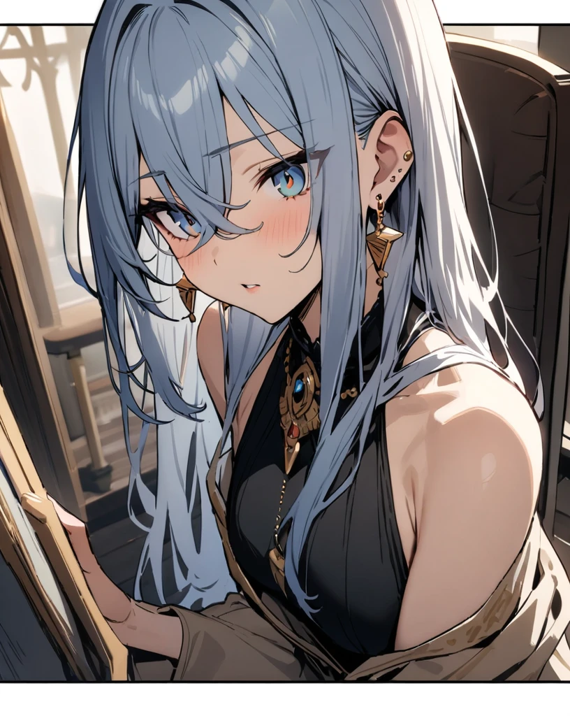 masterpiece, best quality, long hair, earrings, Bangs, jewelry, hair between eyes, intelligent person, slave of wisdom