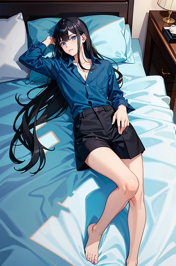 black hair, long hair, Dolphin Shorts, dress shirt, light blue eyes, slim body, on the bed, Saxie, attractiveness, female