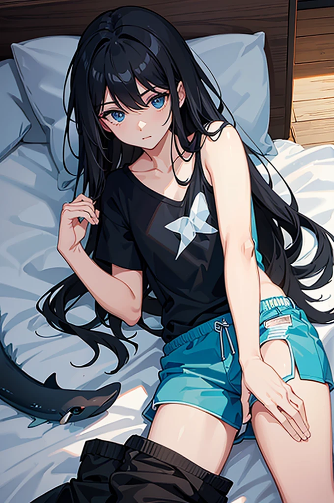black hair, long hair, Dolphin Shorts, dress shirt, light blue eyes, slim body, on the bed, Saxie, attractiveness, female