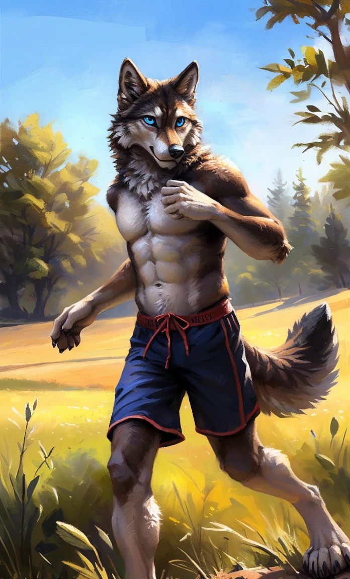 ((Solo)), male people, anthro wolf, (Multi-colored fur, White-brown:1.3,White tail pointed), (Height 2.1m,Tail length 1.2m), ((Wolf face, Big eyes, White eyelids, Blue pupil, Slim:1.2) (Tough, Calm expression:1.2)), Abs, Slim, pinging)), (Correct anatomy), (Work shorts:1.1), The upper body naked, (detailed outfits),A long big tail,Feet,(Realistic fur, Detailed fur texture, labeled:1.3)), (Natural lighting), Photorealistic, Hyperrealistic, ultradetailed, by Kenket,Field,erect through,Running on