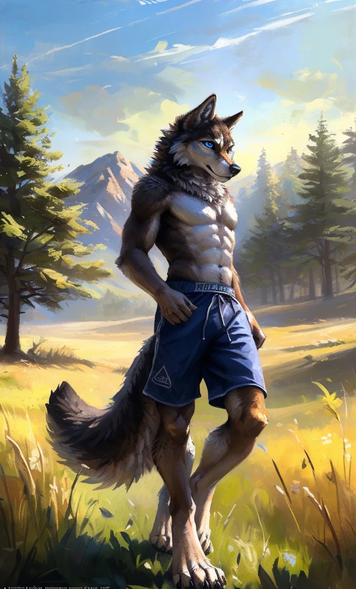 ((Solo)), male people, anthro wolf, (Multi-colored fur, White-brown:1.3,White tail pointed), (Height 2.1m,Tail length 1.2m), ((Wolf face, Big eyes, White eyelids, Blue pupil, Slim:1.2) (Tough, Calm expression:1.2)), Abs, Slim, pinging)), (Correct anatomy), (Work shorts:1.1), The upper body naked, (detailed outfits),A long big tail,Feet,(Realistic fur, Detailed fur texture, labeled:1.3)), (Natural lighting), Photorealistic, Hyperrealistic, ultradetailed, by Kenket,Field,erect through,Running on