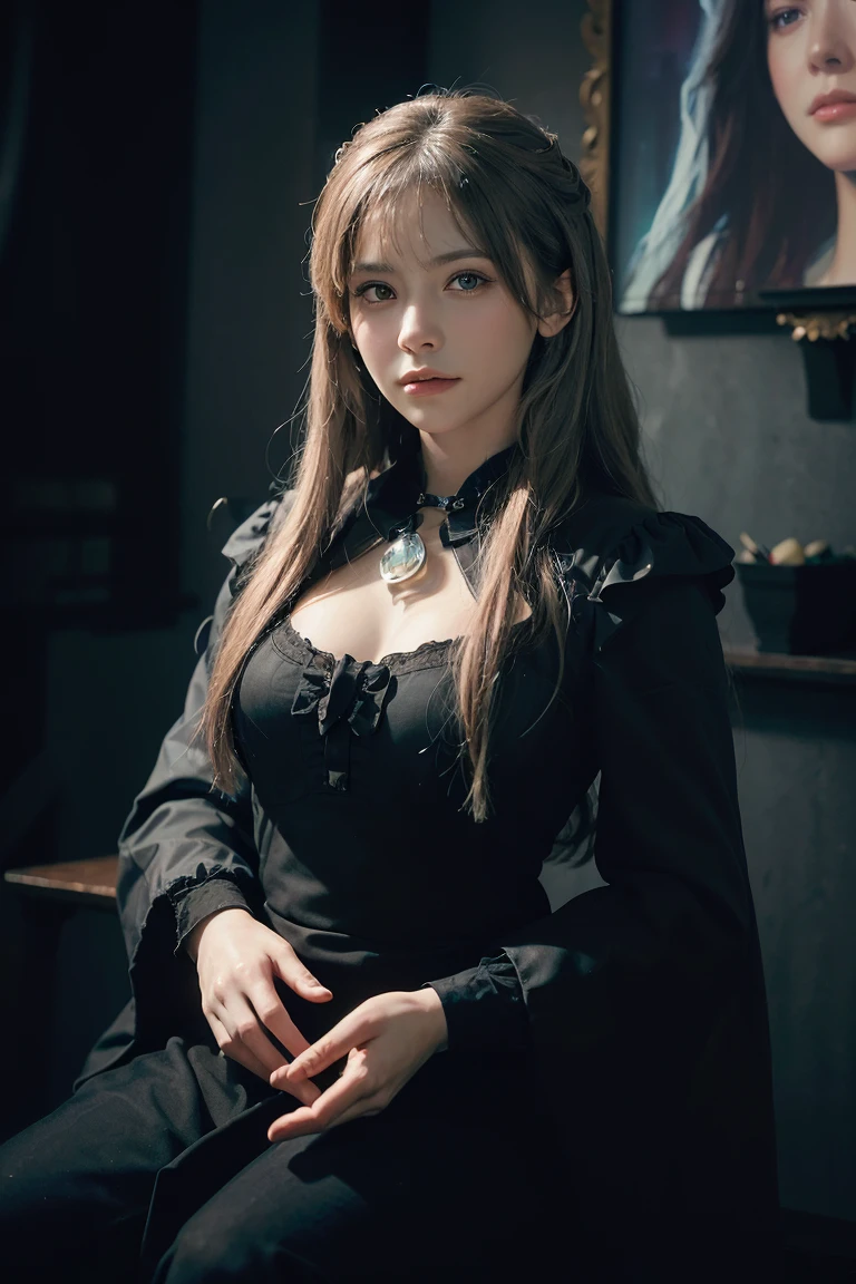(front focus), closeup (in the dark:1.6), Hyperrealist portrait of female by david hockney and alphonse mucha, fantasy art, photo realistic, dynamic lighting, artstation, poster, volumetric lighting, very detailed faces, 4 k, award winning, 1girl, in the dark, deep shadow, low key, cowboy shot, (official clothing:1.4), long hair, white hair