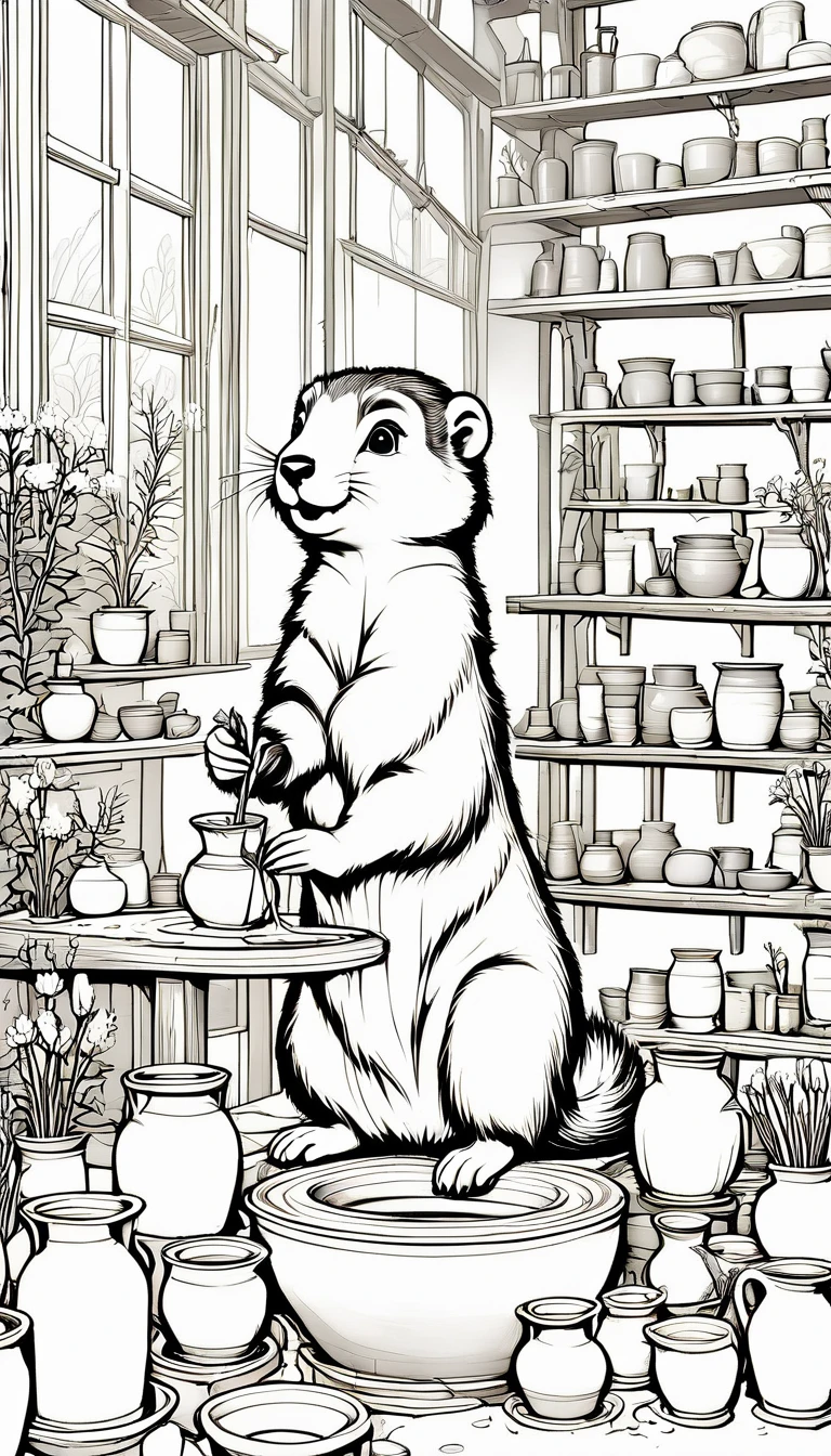 linear black and white drawing of a tender potter marmot creates a vase out of clay in her large pottery workshop. Wide view, simple lines, thin and defined outlines, no shading, no colors, perfect to be colored, cartoon style, clean lines, suitable for children.