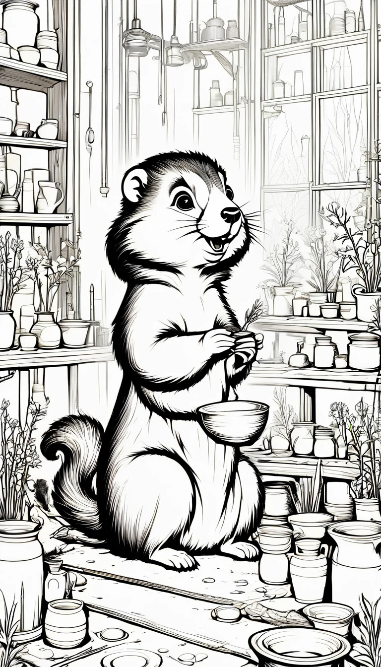 linear black and white drawing of a tender potter marmot creates a vase out of clay in her large pottery workshop. Wide view, simple lines, thin and defined outlines, no shading, no colors, perfect to be colored, cartoon style, clean lines, suitable for children.