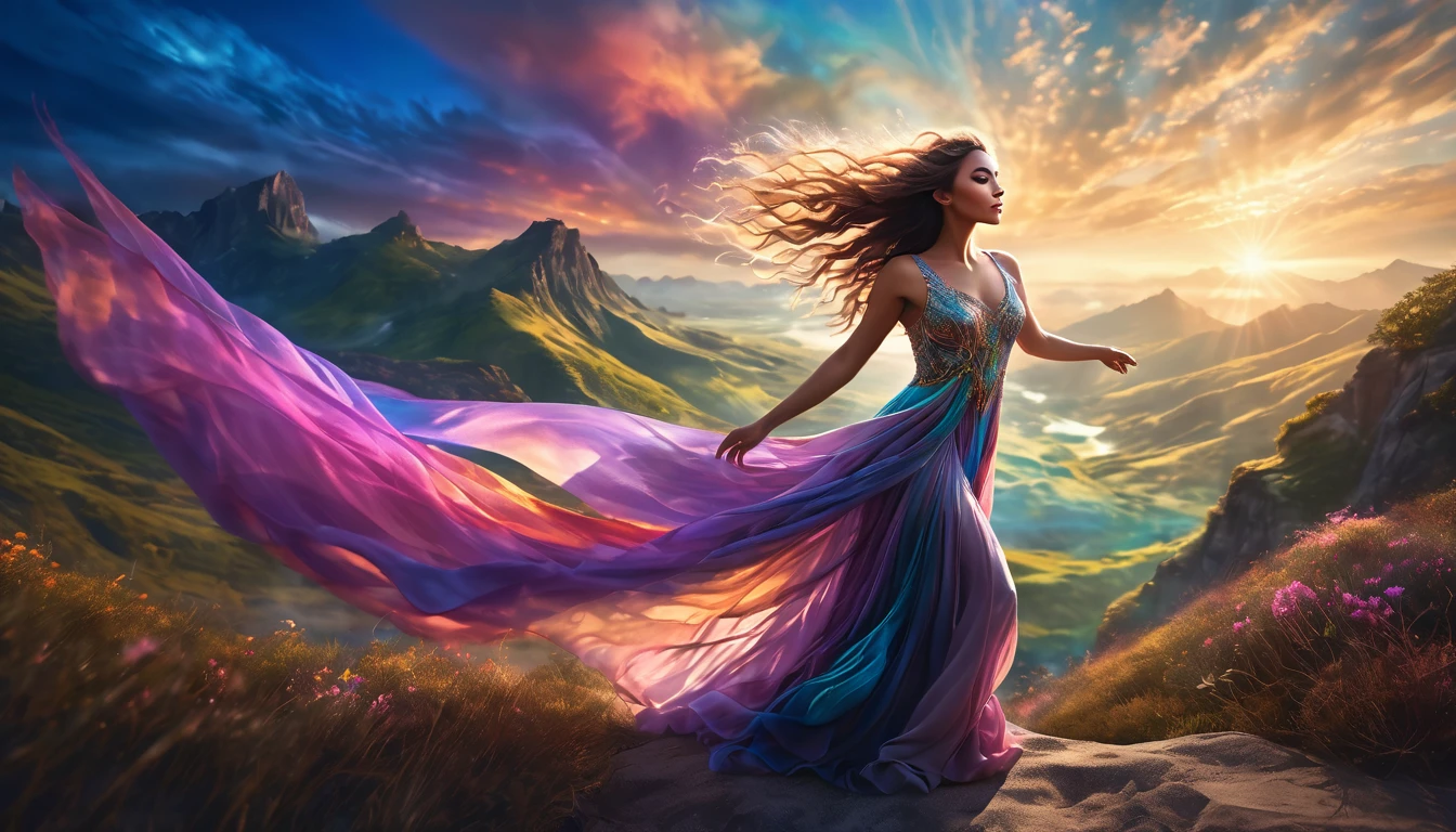 a breathtakingly beautiful woman with arms outstretched, hair flowing in the wind, wearing a stunning sensual dress, set against a magical fantasy landscape, ethereal lighting, highly detailed, vibrant colors, photorealistic, intricate details, dramatic composition, cinematic atmosphere, captivating expression, elegant pose, graceful movement, mesmerizing, dreamlike, otherworldly