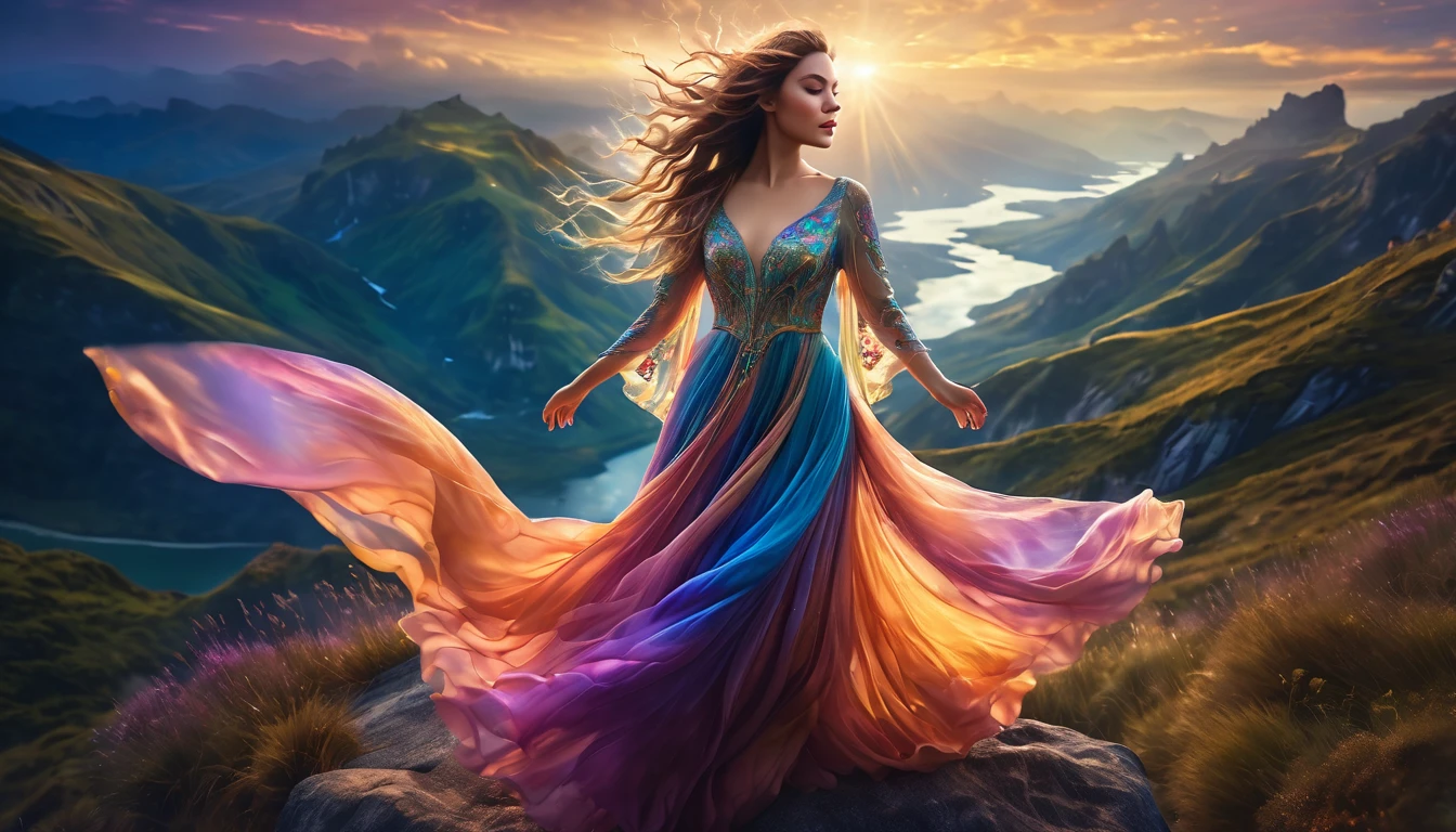 a breathtakingly beautiful woman with arms outstretched, hair flowing in the wind, wearing a stunning sensual dress, set against a magical fantasy landscape, ethereal lighting, highly detailed, vibrant colors, photorealistic, intricate details, dramatic composition, cinematic atmosphere, captivating expression, elegant pose, graceful movement, mesmerizing, dreamlike, otherworldly