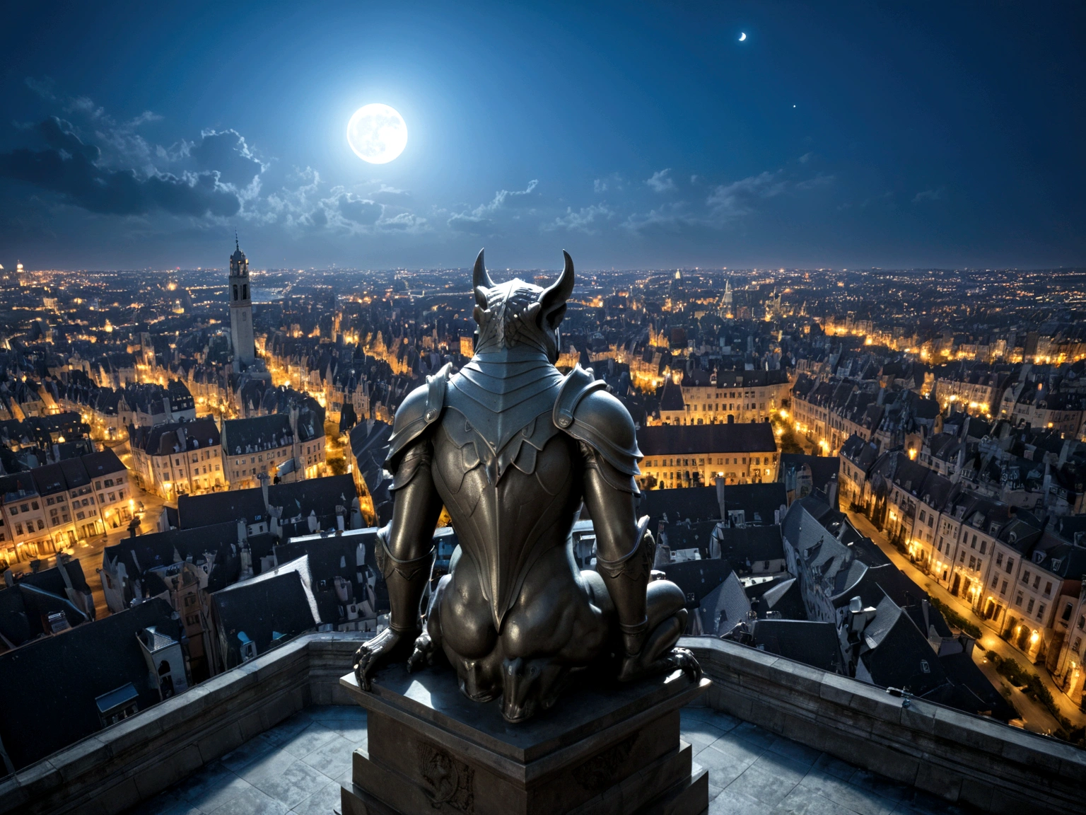 a view of fantasy medieval city, taken from the top of church of, ((the shot taken behind a statue of an armored gargoyle on the roof: 1.5)), 16K, ultra detailed, masterpiece, best quality, (extremely detailed), arafed, dnd art, night time, stars, moon, cinematic lighting, glowing light, silhouette, from outside, photorealism, panoramic view (Masterpiece, intense details: 1.5) , Wide-Angle, Ultra-Wide Angle, aetherpunkai