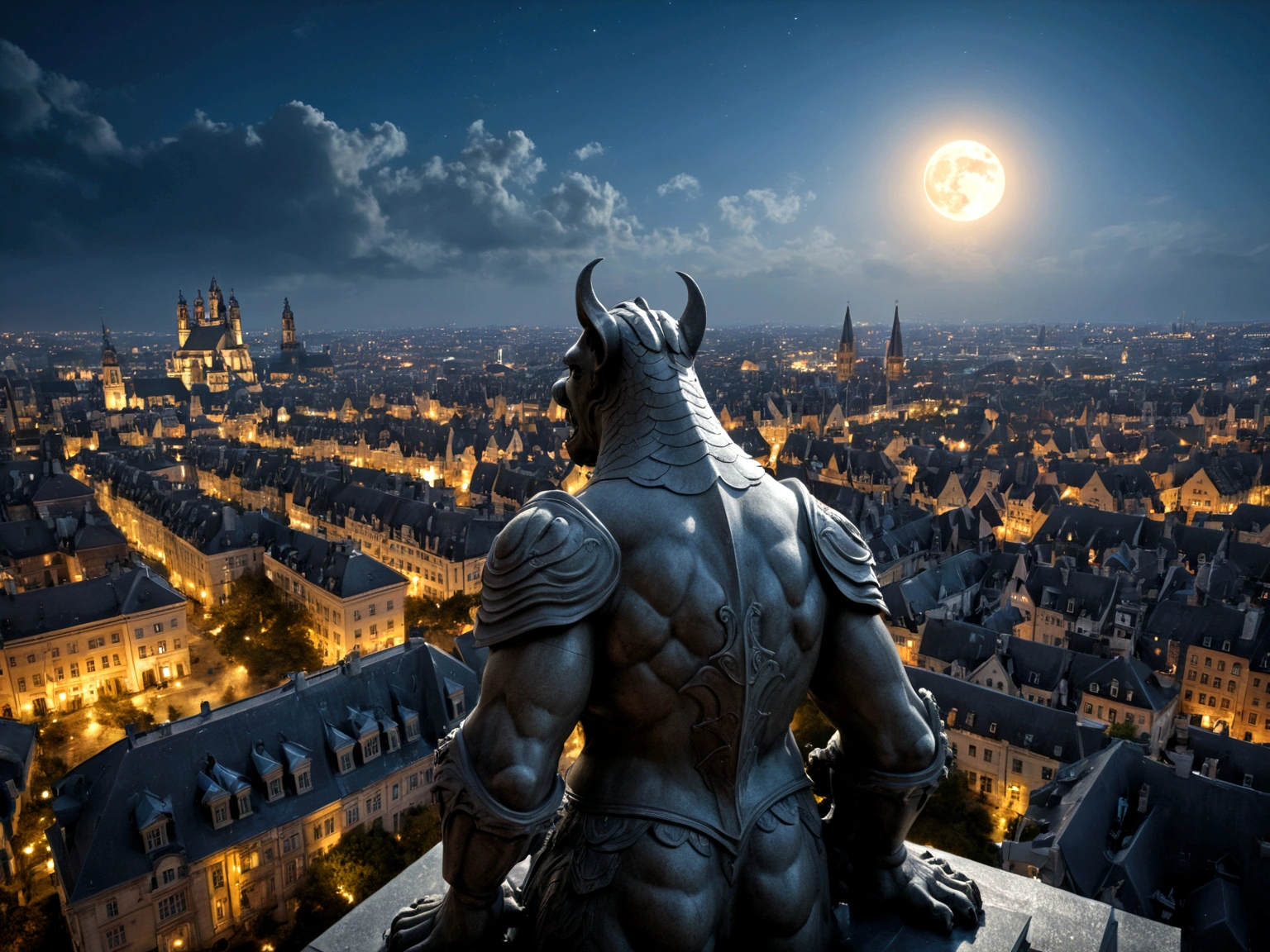 a view of fantasy medieval city, taken from the top of church of, ((the shot taken behind a statue of an armored gargoyle on the roof: 1.5)), 16K, ultra detailed, masterpiece, best quality, (extremely detailed), arafed, dnd art, night time, stars, moon, cinematic lighting, glowing light, silhouette, from outside, photorealism, panoramic view (Masterpiece, intense details: 1.5) , Wide-Angle, Ultra-Wide Angle, aetherpunkai