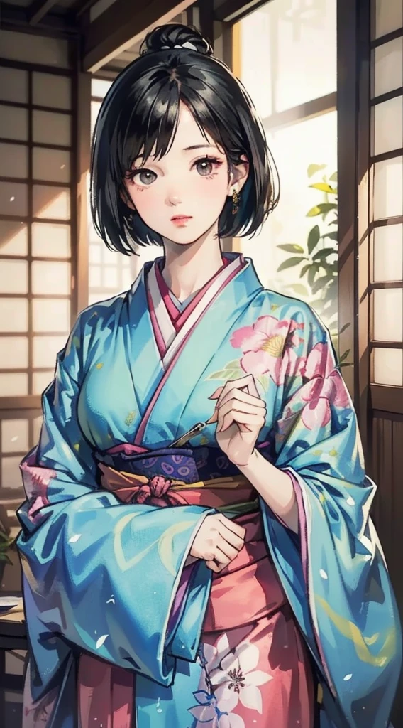 (Realistic)、(Realistic:1.2)、(High resolution)、Very detailed、Very beautiful face and eyes、1 girl、Delicate body、(highest quality、Attention to detail、Rich skin detail)、(highest quality、8k、Oil paint:1.2)、Very detailed、(Realistic、Realistic:1.37)、Bright colors、Full Body Shot,black_hair, Beautiful 8k eyes,Looking_in_Audience,One person in,Are standing,((Very beautiful woman, Fuller lips, Japanese pintern kimono))、((Colorful Japanese kimono)))、(((blackhair)))、(((Blunt bung，short hair)))、((( Inside an old Japanese house with a (short focus :1.4),)))、(masterpiece, highest quality, highest quality, Official Art, beautifully、aesthetic:1.2),(Fractal Art:1.3),Sengoku period、Greg Rutkowski Written by Alphonse Mucha Ropp,short ,uchikake,nishijin ori,(realistic light and shadow), (real and delicate background),(muted colors, dim colors, soothing tones:1.3), low saturation, (hyperdetailed:1.2), (noir:0.4),drow,blurry_light_background, (vibrant color:1.2), cinematic lighting, ambient lighting,Single Shot,Shallow Focus,pink lip,blurry light background,