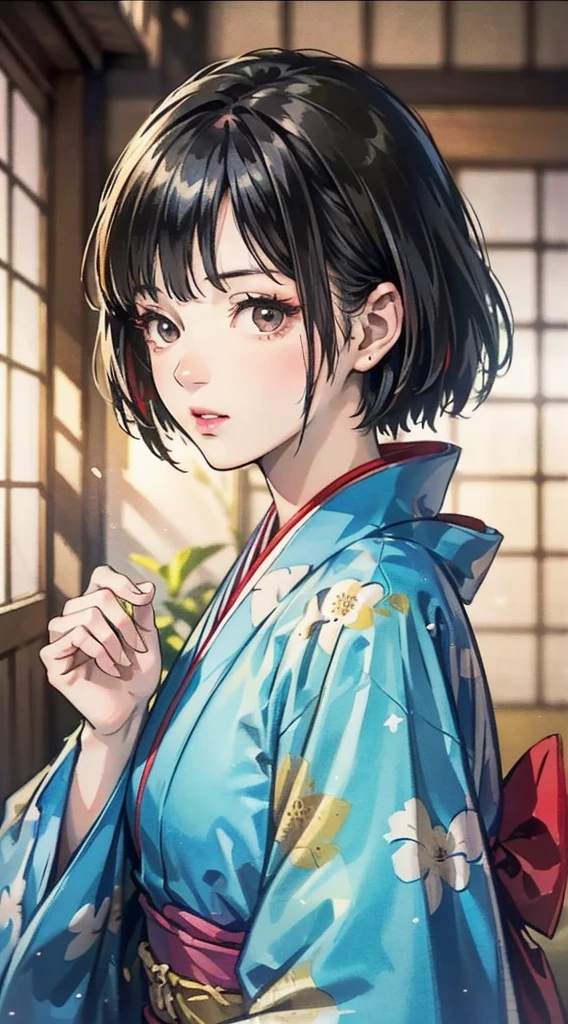 (Realistic)、(Realistic:1.2)、(High resolution)、Very detailed、Very beautiful face and eyes、1 girl、Delicate body、(highest quality、Attention to detail、Rich skin detail)、(highest quality、8k、Oil paint:1.2)、Very detailed、(Realistic、Realistic:1.37)、Bright colors、Full Body Shot,black_hair, Beautiful 8k eyes,Looking_in_Audience,One person in,Are standing,((Very beautiful woman, Fuller lips, Japanese pintern kimono))、((Colorful Japanese kimono)))、(((blackhair)))、(((Blunt bung,short hair)))、((( Inside an old Japanese house with a (short focus :1.4),)))、(masterpiece, highest quality, highest quality, Official Art, beautifully、aesthetic:1.2),(Fractal Art:1.3),Sengoku period、Greg Rutkowski Written by Alphonse Mucha Ropp,short ,uchikake,nishijin ori,(realistic light and shadow), (real and delicate background),(muted colors, dim colors, soothing tones:1.3), low saturation, (hyperdetailed:1.2), (noir:0.4),drow,blurry_light_background, (vibrant color:1.2), cinematic lighting, ambient lighting,Single Shot,Shallow Focus,pink lip,blurry light background,