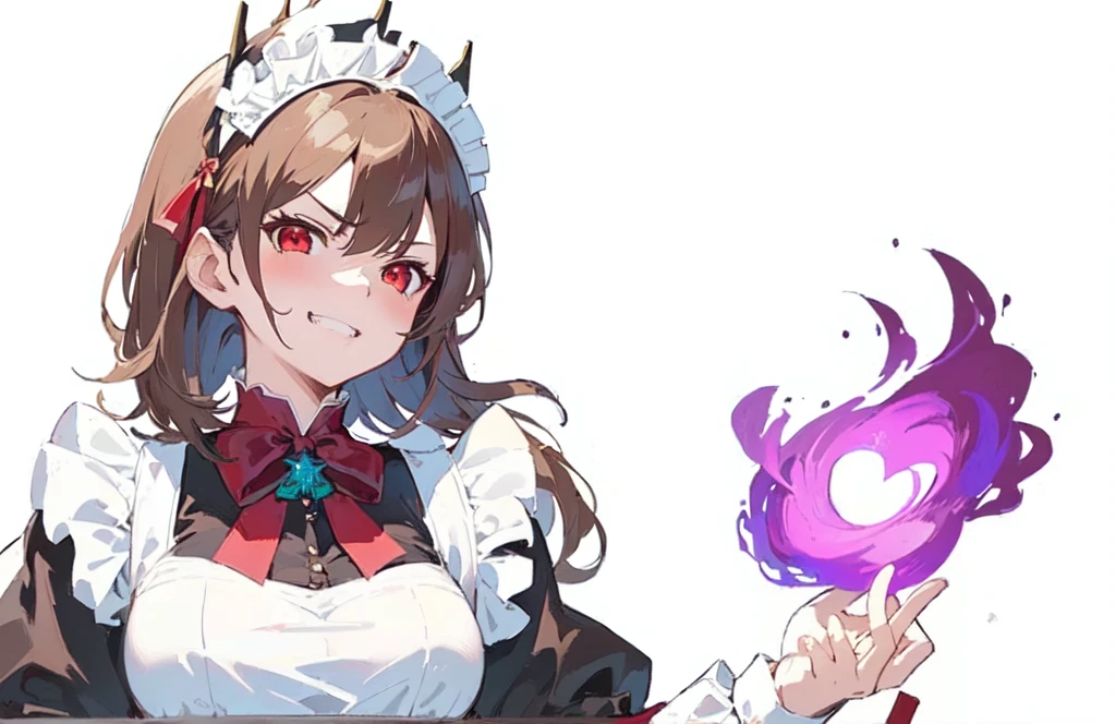 masterpiece, best quality, game_cg, girl, maid, short hair, brown hair, frown, jitome, scowl, crazy, dark_persona, red eyes, large breasts, using fire magic, maid clothes, grin, teeth , open hand, maid_headdress,