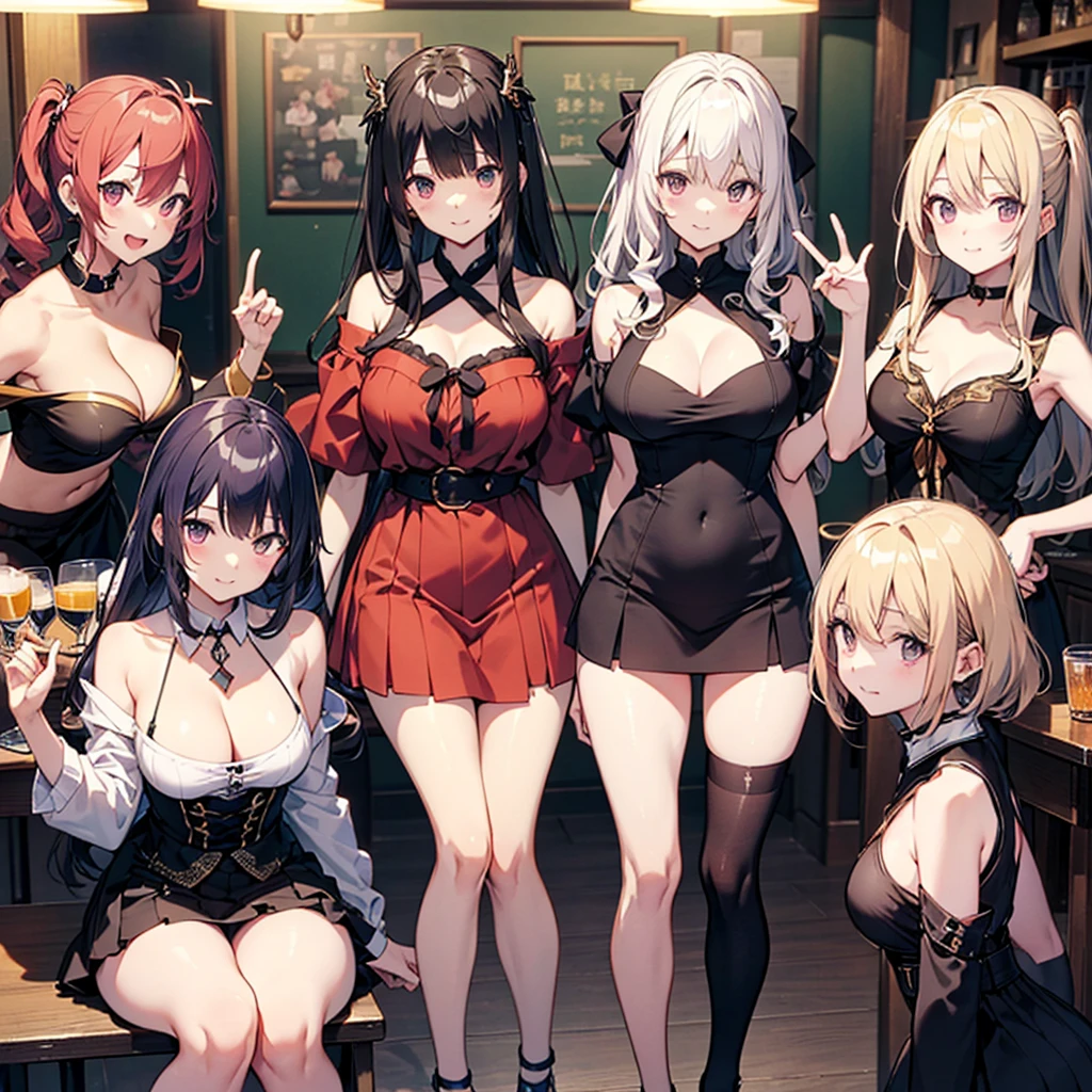 ((((Haremの複数のキャラクターが笑顔で描かれました))))、Group of female dancers in a medieval fantasy setting、Dragon Quest、 (At the pub), Various Hair Styles, Harem, night, detailed aspects, skirt, Seduce, Sleeveless、Off the shoulder、Showing missing panties、Huge breasts、Big Ass、Waist、ないskirtをたくし上げている