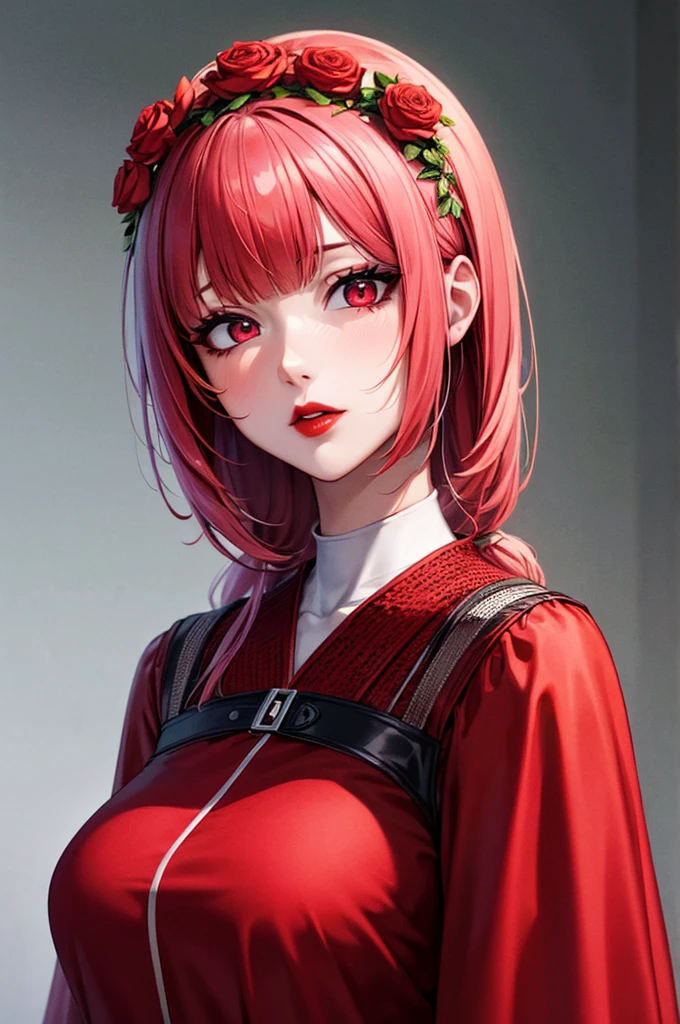 (masterpiece),(highest quality:1.0), (Ultra-high resolution:1.0), Detail view, 8k, anime, One girl, beautiful anime girl, Wearing a red dress, Flower Crown, Pretty face, Detailed face, Beautiful Eyes, Fine grain, Dark red eyes, Bright red lips, Red lipstick, Beautiful and stylish hair, Hair highlights, bangs anime style, highest quality, Vibrant