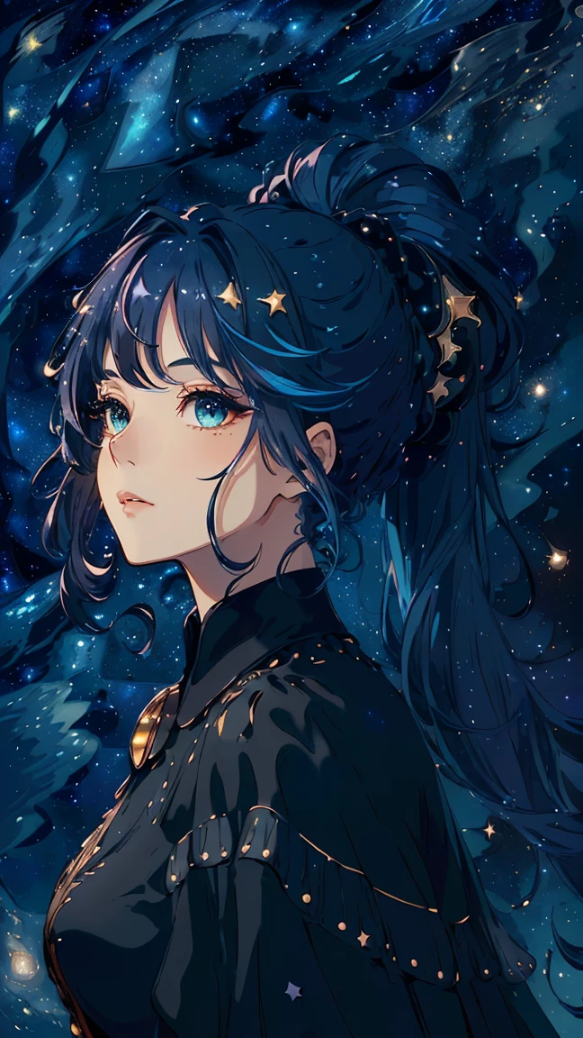 ((masterpiece)), (((best quality))), ((Ultra Detailed)), ((illustration)),[Realistic lighting effects], Eyeshadow,(Fantasy style),(Starry Sky:1.6), Dark background, illustration, 1 girl, Scorpio，cunning look, Magnificent views (Multi-colored hair, hair gradient, Hair color changed from blue to peach, no bangs, Curls on cheeks, hairstyle: High Ponytail, Long Tail), eyes are scarlet,Scorpion， Environmental change scenarios, (The hair is surrounded by the bursts of the galaxy),))):((Her hair turned into a galaxy cloud,:1.27628), Scorpio, big eyes, eyelash, side view, crystal hair, Shiny hair, Collared shirt, galaxy, additional lighting