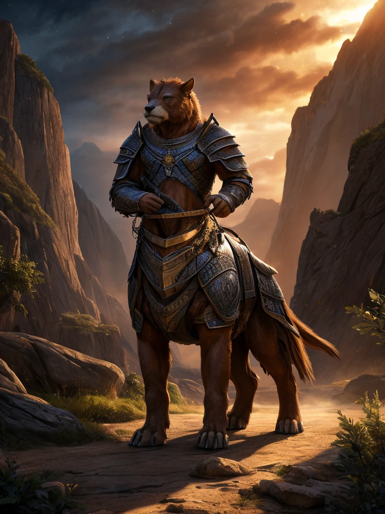 armored fur taur, armored fur, beartaur, quadruped, digitigrade, highly detailed, realistic, cinematic lighting, fantasy, (best quality,4k,8k,highres,masterpiece:1.2),ultra-detailed,(realistic,photorealistic,photo-realistic:1.37),intricate details, cinematic composition, dramatic atmosphere, volumetric lighting, detailed texture, muted tones, warm colors