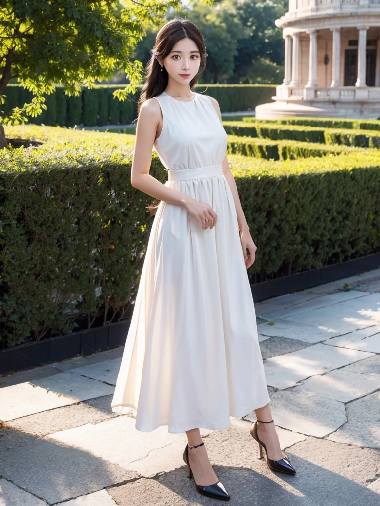 dress、(highest quality)), (Very detailed), ((Very detailed)), 4K, (8k), highest quality, alone,Kind Face、Soft Light、RAW quality、Heel、Garden Terrace